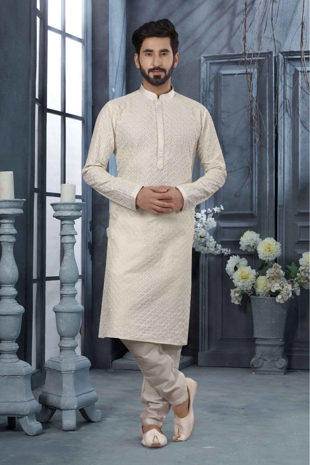 Off White Colour Kurta Pajama In Lucknowi Fabric KP1040160