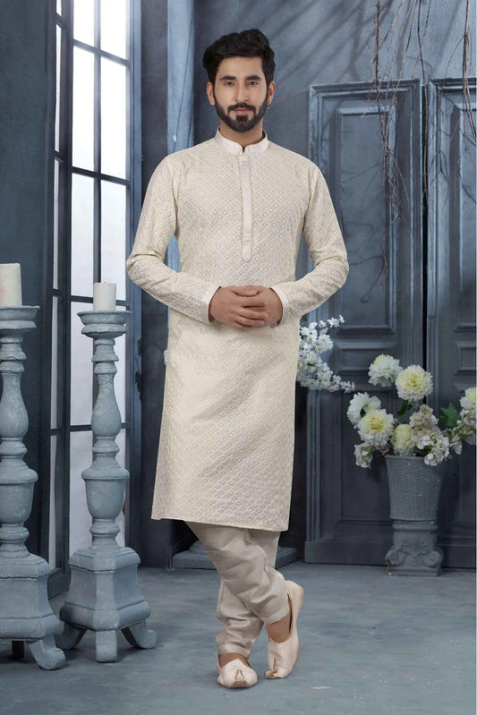 Off White Colour Kurta Pajama In Lucknowi Fabric KP1040160