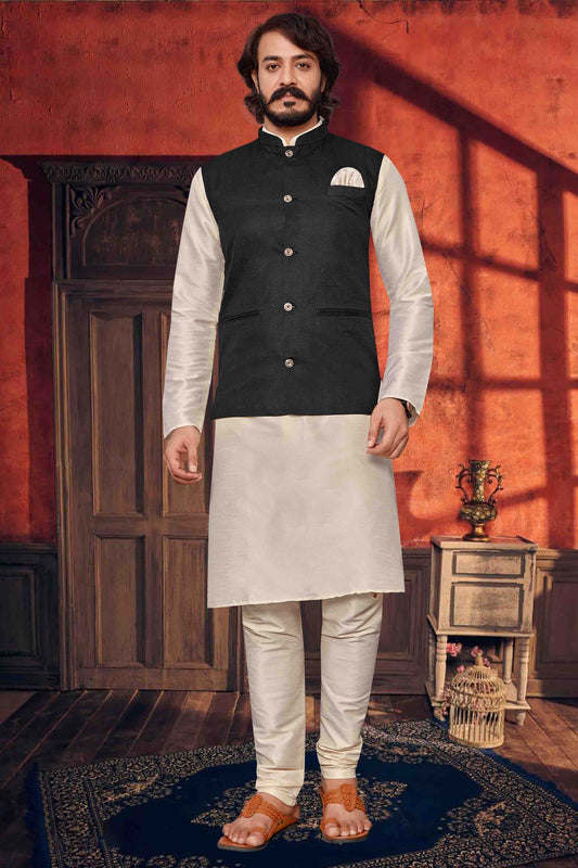 Off White Colour Kurta Pajama With Jacket In Art Silk KP1210305