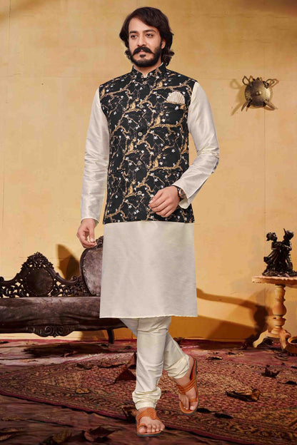 Off White Colour Kurta Pajama With Jacket In Art Silk KP1210319
