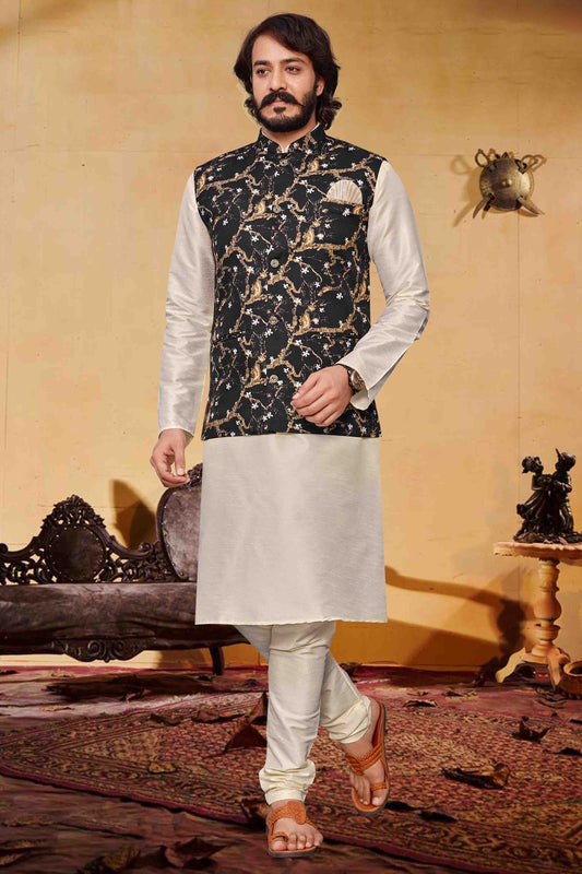Off White Colour Kurta Pajama With Jacket In Art Silk KP1210319