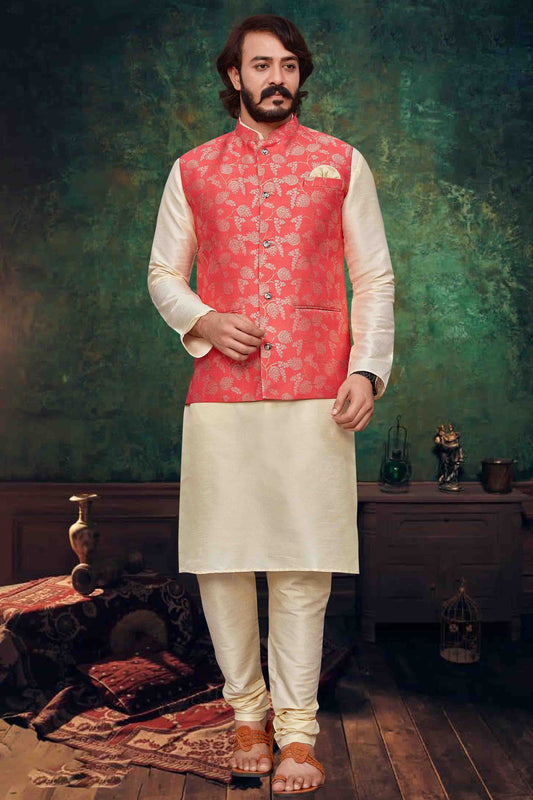 Off White Colour Kurta Pajama With Jacket In Art Silk KP1210356