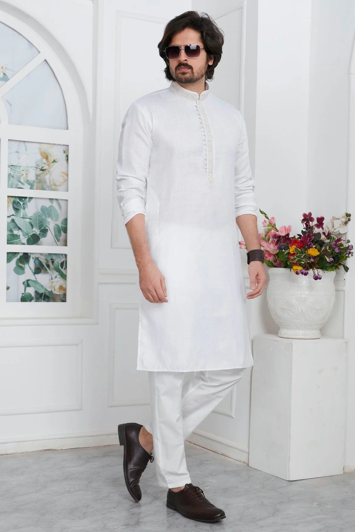 Off White Colour Linen Cotton Thread Work Kurta Pajama KP1230144 A
