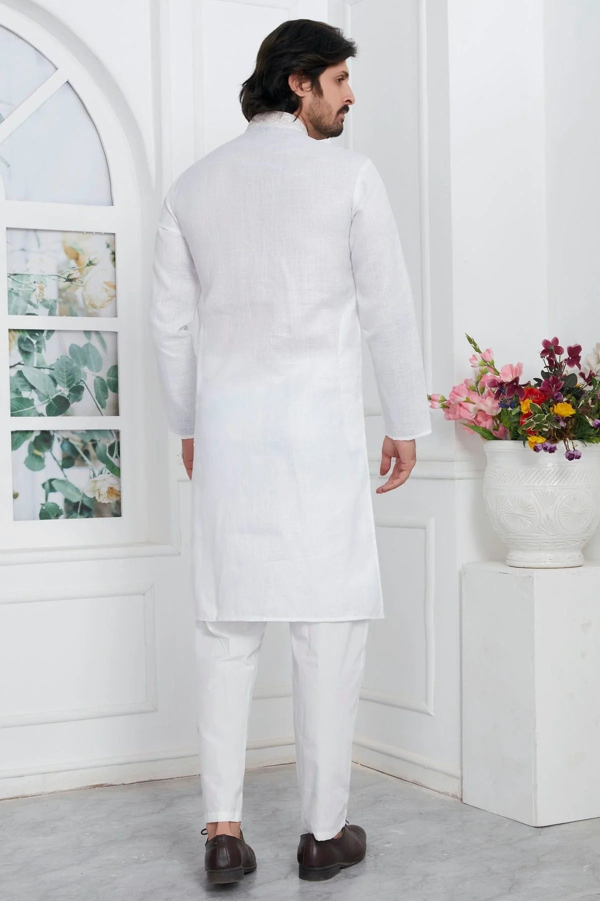 Off White Colour Linen Cotton Thread Work Kurta Pajama KP1230144 B