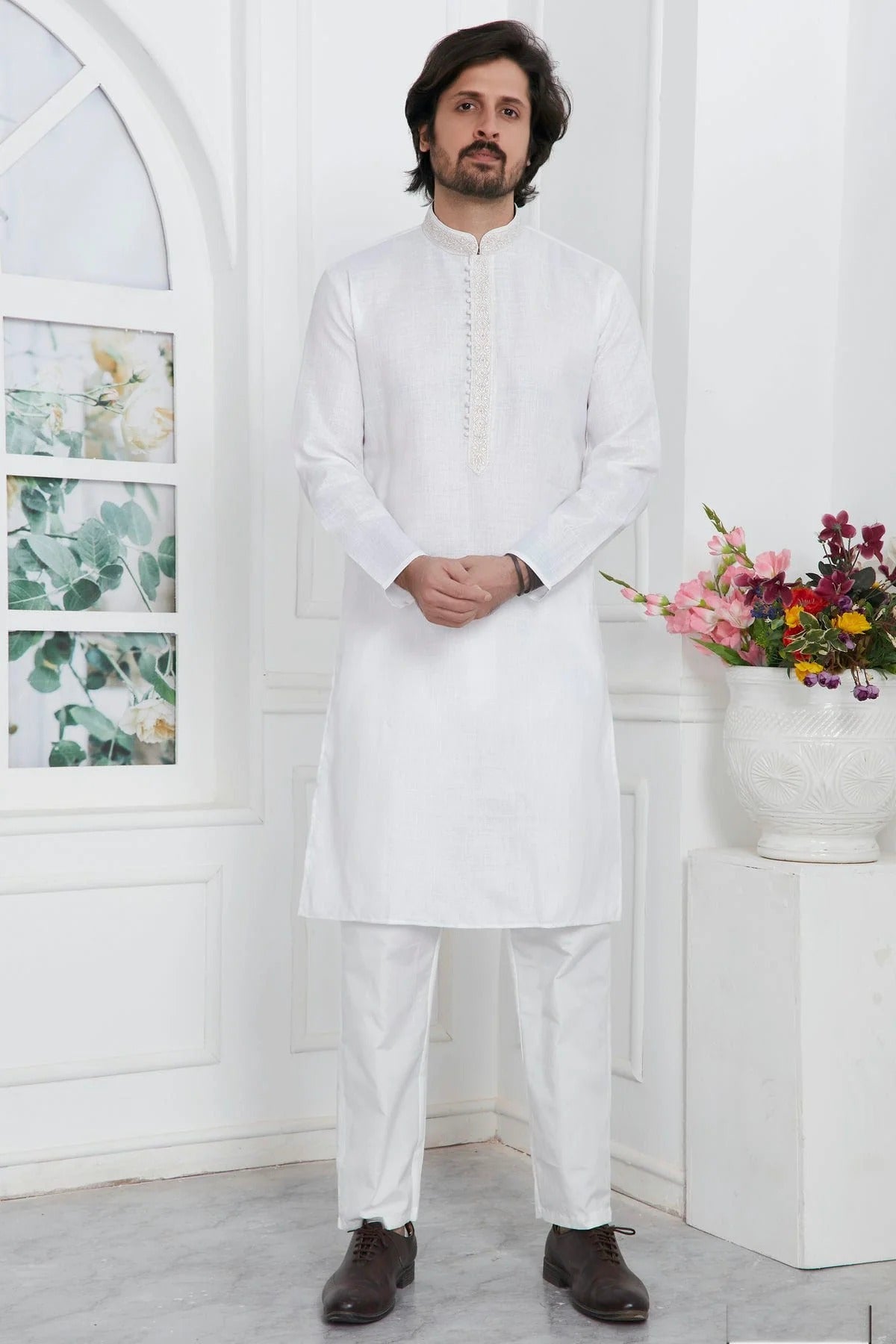 Off White Colour Linen Cotton Thread Work Kurta Pajama KP1230144