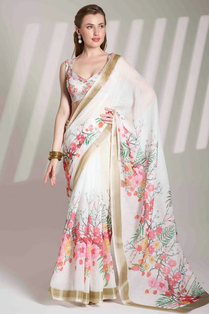 Off White Colour Linen Printed Saree SD1112837