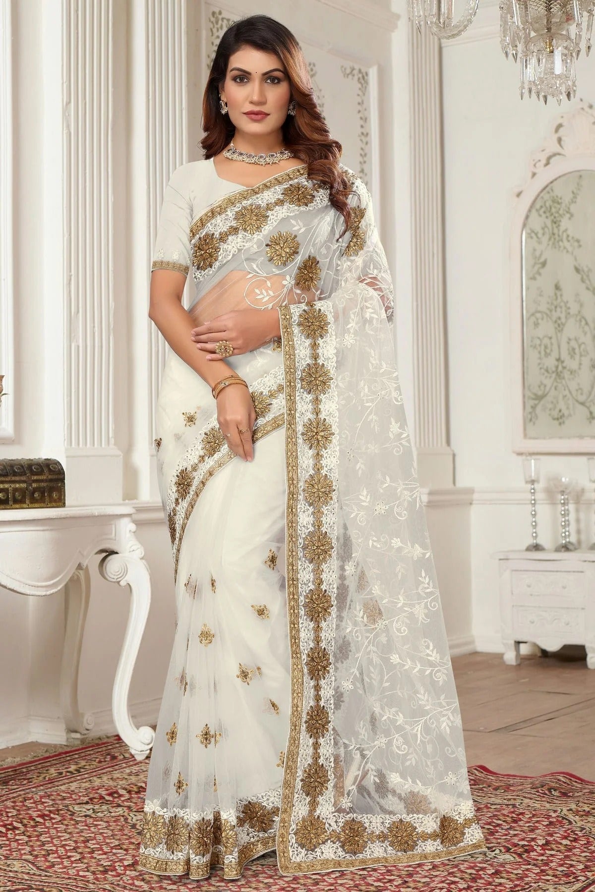 Off White Colour Net Designer Saree SD1091073