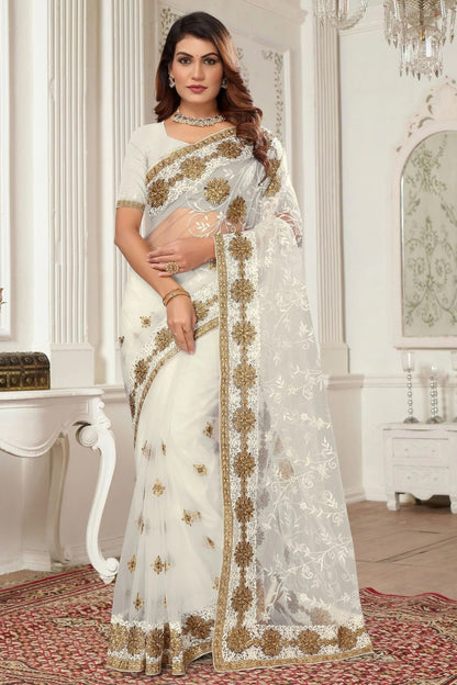 Off White Colour Net Designer Saree SD1091073