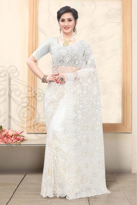 Off White Colour Net Embroidery Saree SD1090158