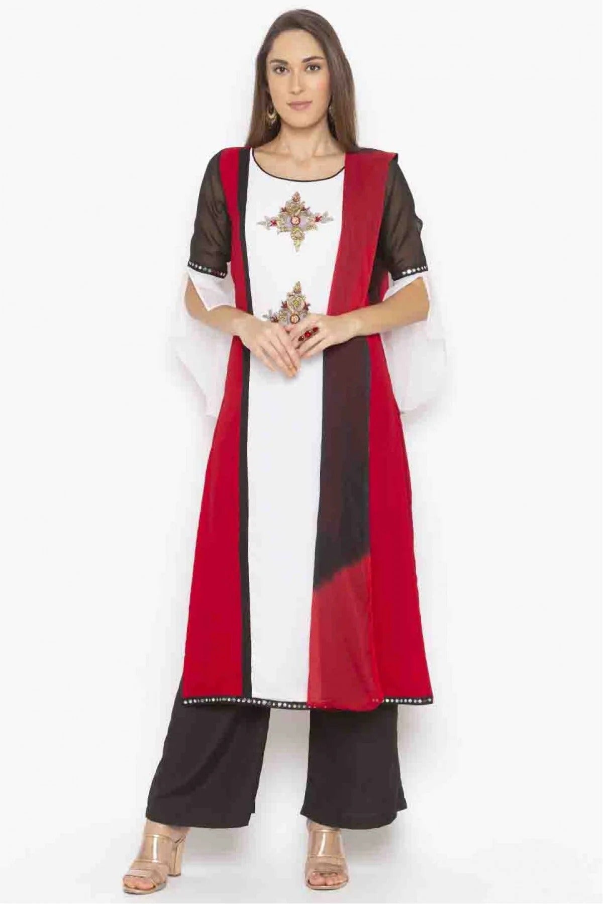 Off White Colour Plus Size Stitched Georgette Embroidery Palazzo Pant Suit BW1070200