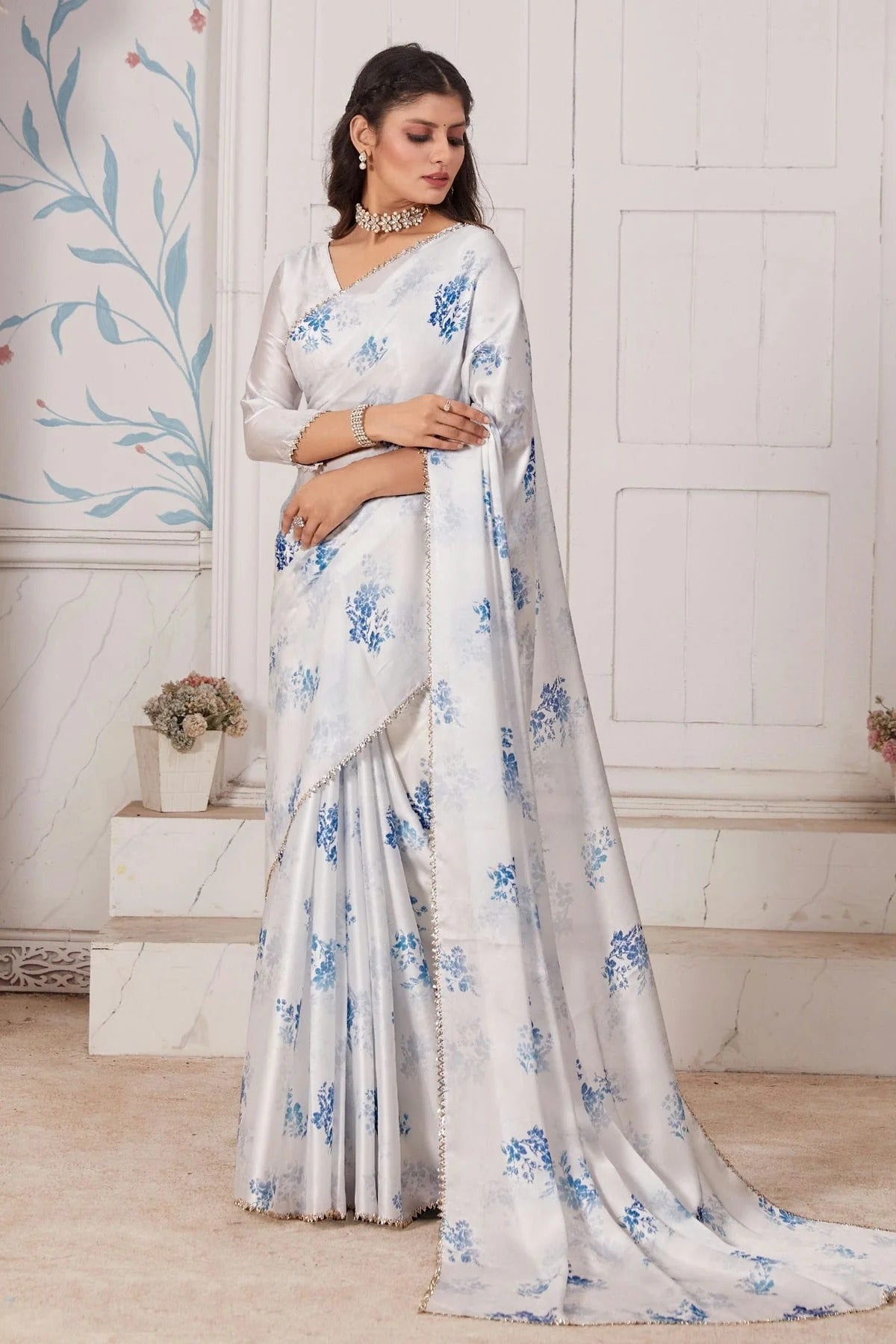 Off White Colour Pure Satin Designer Saree LC1121741
