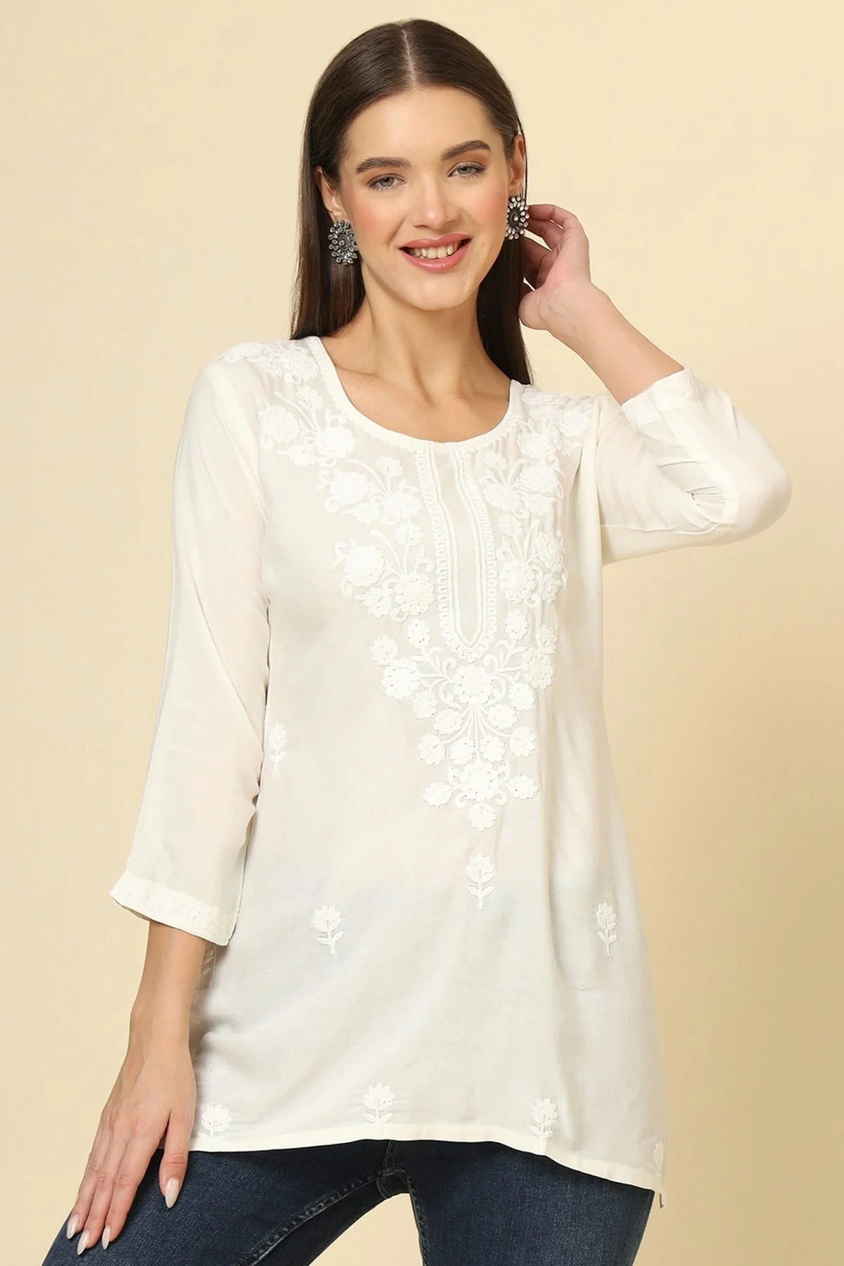 Off White Colour Rayon Readymade Top TP1110871
