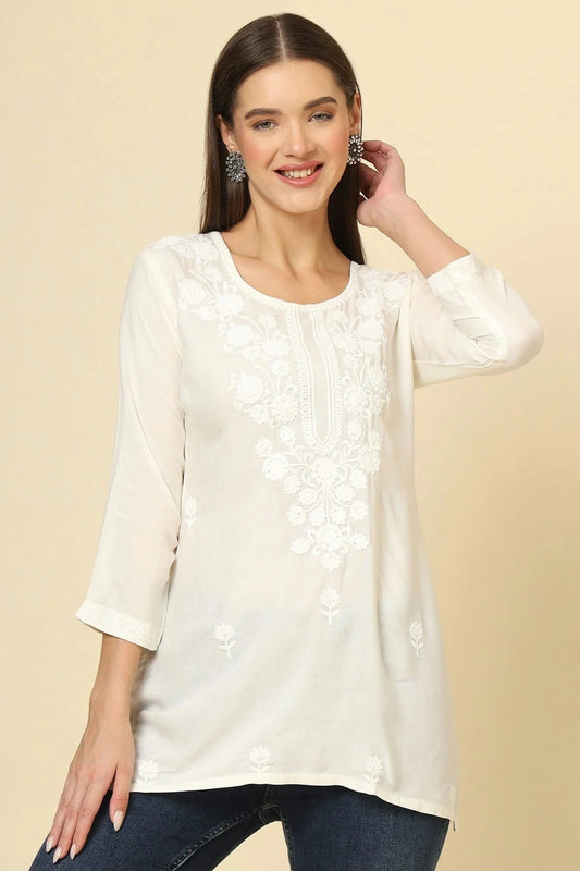 Off White Colour Rayon Readymade Top TP1110871