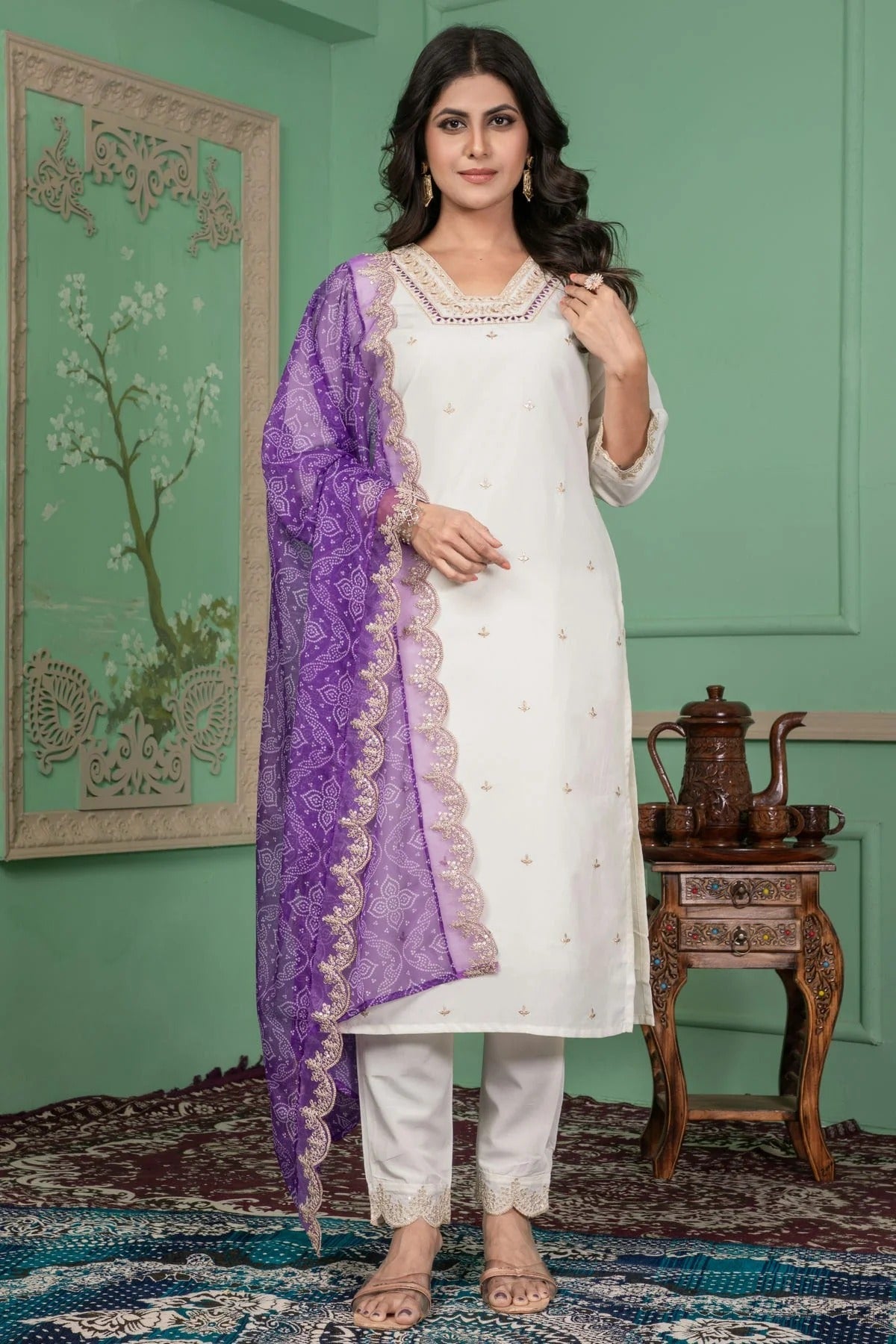 Off White Colour Roman Silk Stitched Suit SS1112228