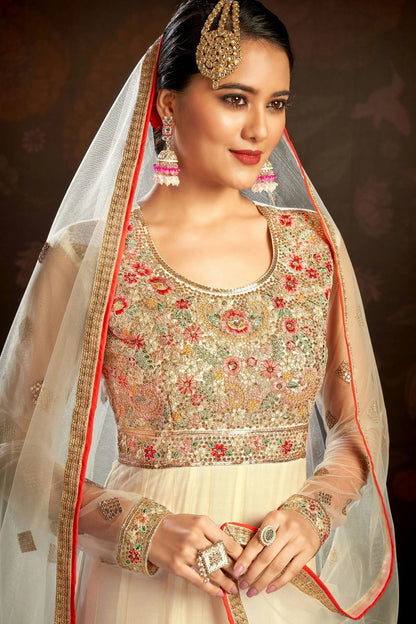 Off White Colour Semi Stitched Butterfly Net Anarkali Suit SM1140148 A
