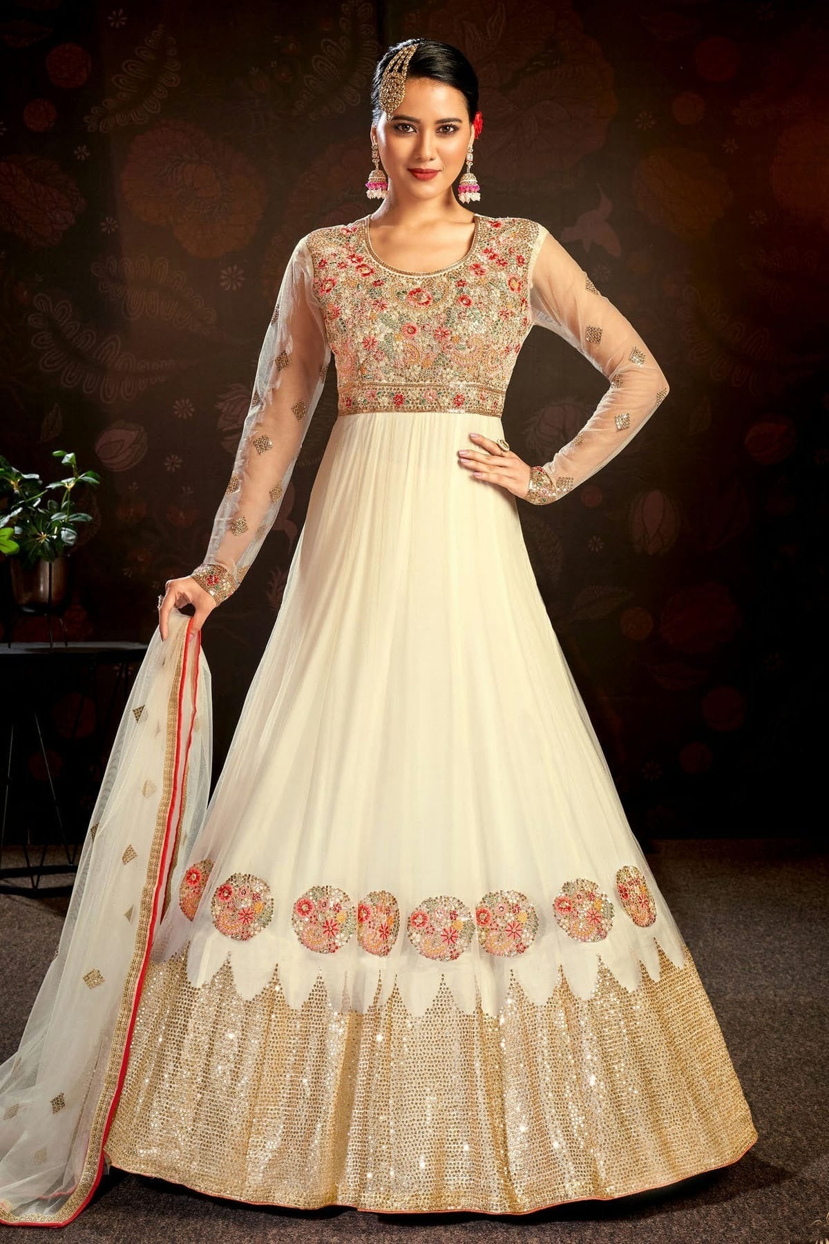Off White Colour Semi Stitched Butterfly Net Anarkali Suit SM1140148