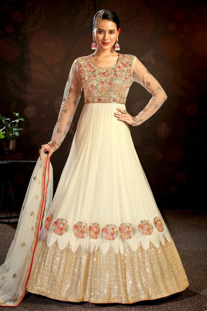 Off White Colour Semi Stitched Butterfly Net Anarkali Suit SM1140148
