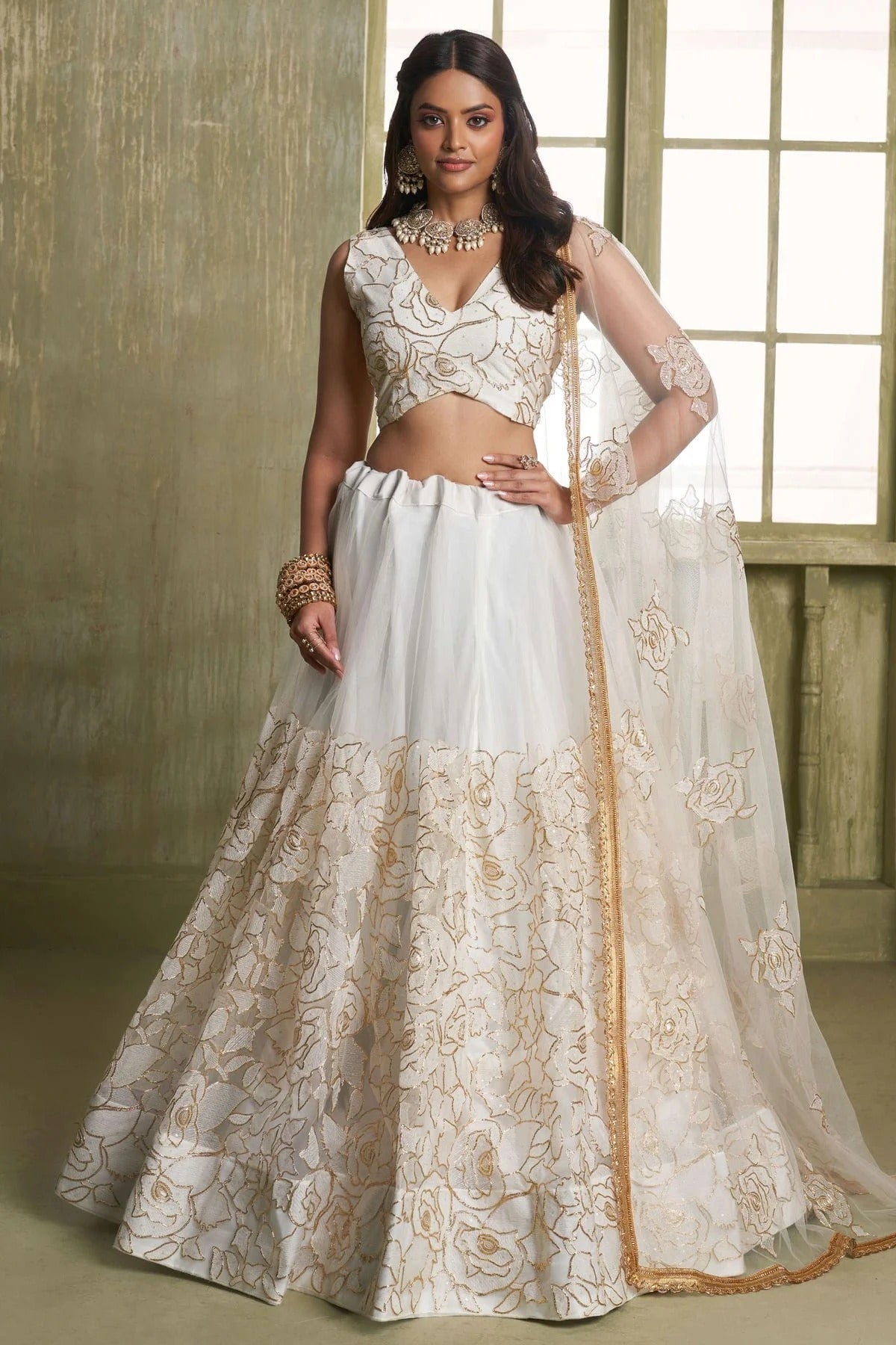 Off White Colour Semi Stitched Butterfly Net Lehenga Choli LC1112529