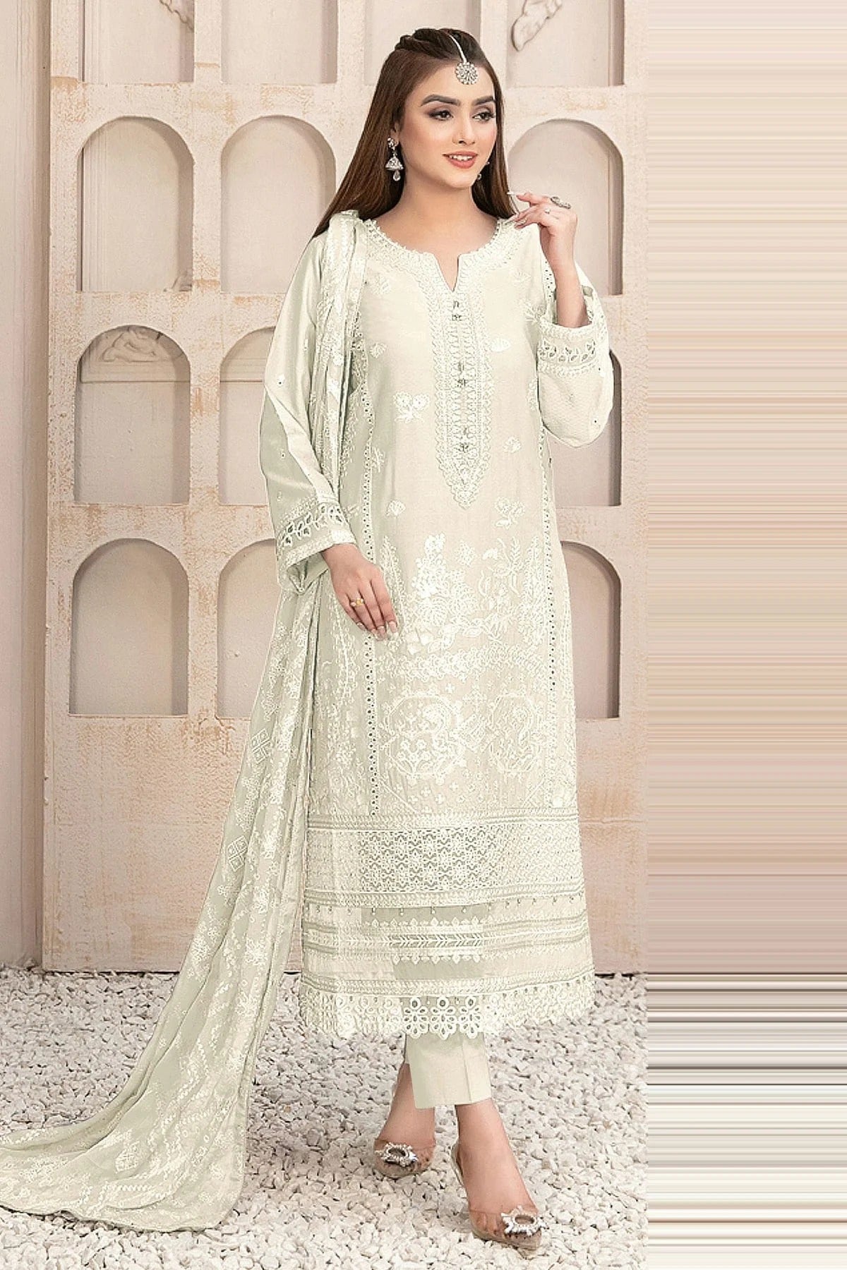Off White Colour Semi Stitched Faux Georgette Pakistani Suit SM1140186