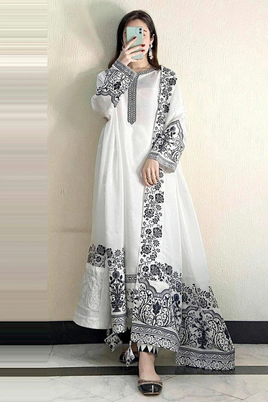 Off White Colour Semi Stitched Faux Georgette Pakistani Suit SM1140268
