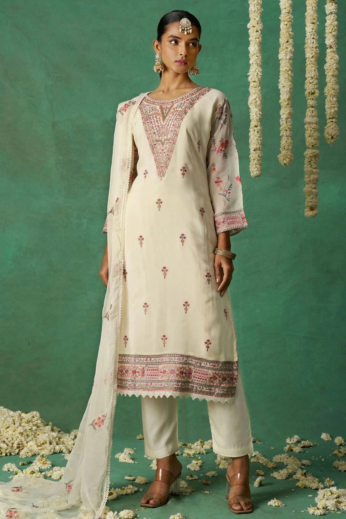 Off White Colour Semi Stitched Organza Pant Style Suit SM1112792