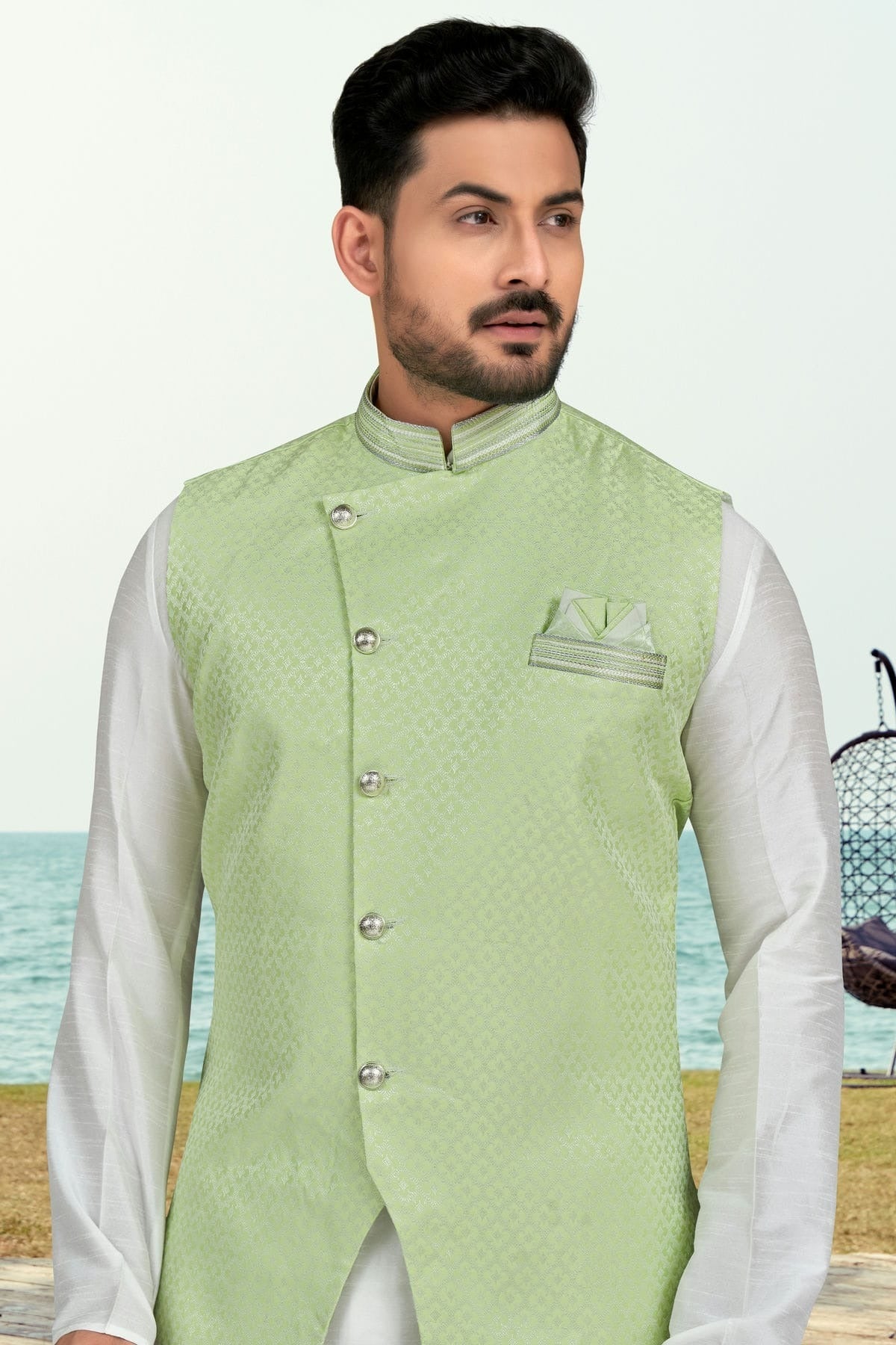 Off White Colour Silk Dhupion Jacket Kurta Pajama KP1040493 A