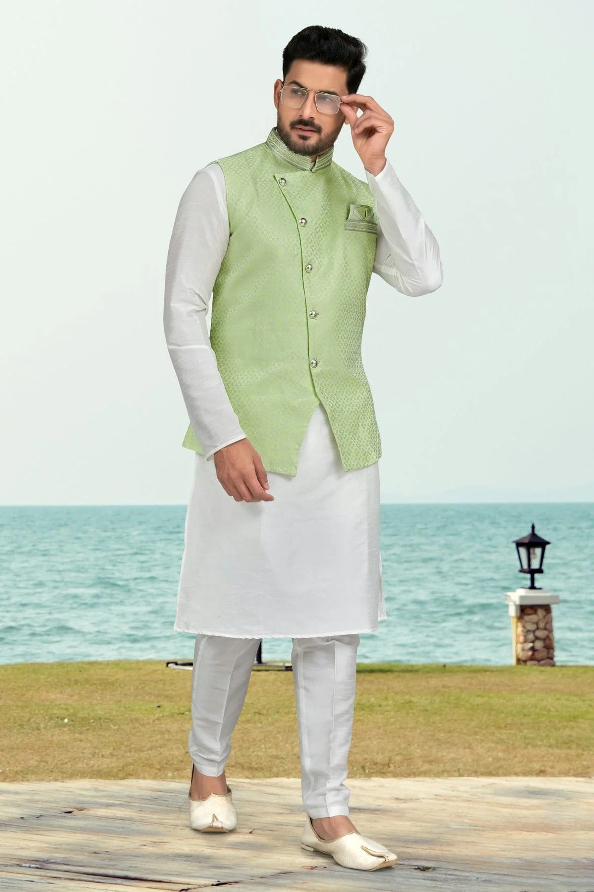 Off White Colour Silk Dhupion Jacket Kurta Pajama KP1040493