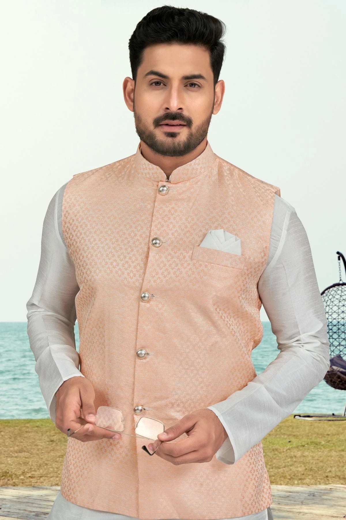 Off White Colour Silk Dhupion Jacket Kurta Pajama KP1040494 A