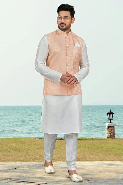 Off White Colour Silk Dhupion Jacket Kurta Pajama KP1040494