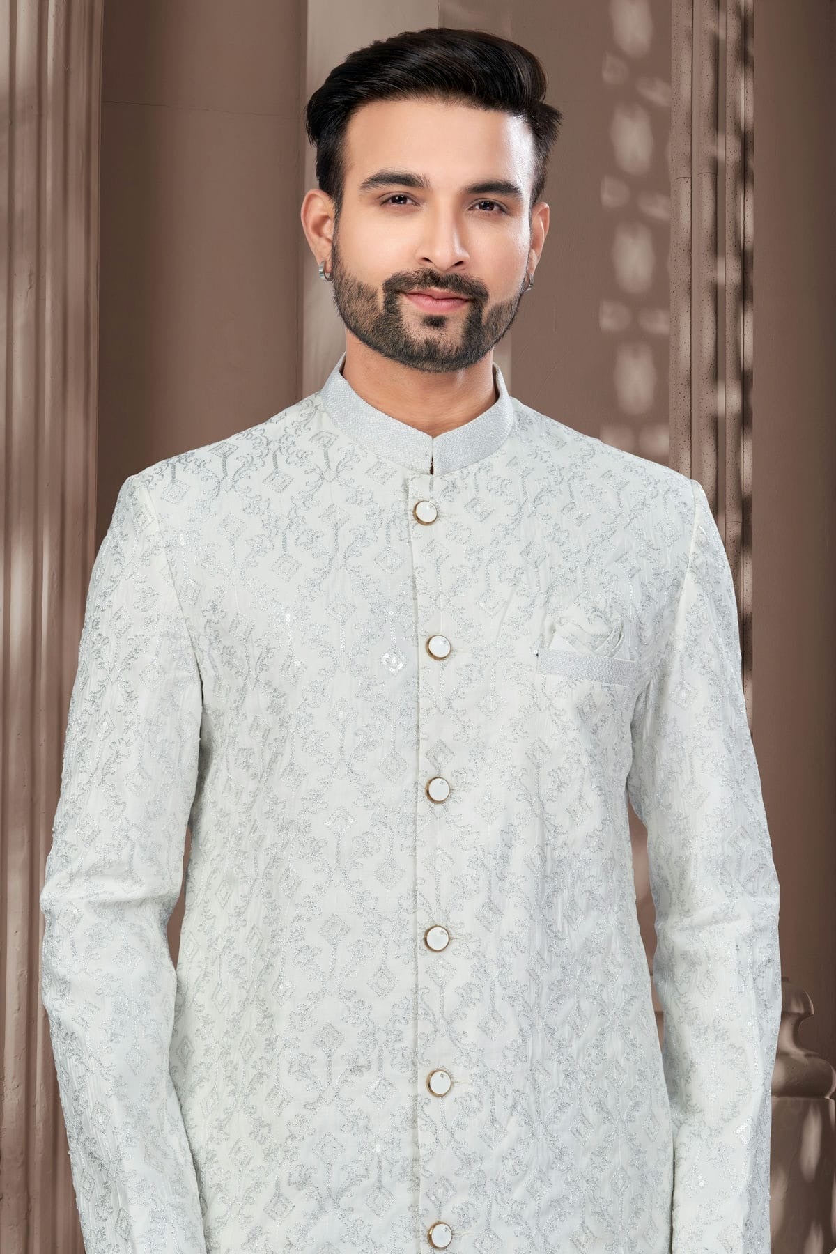 Off White Colour Silk Dupion Dhoti Sherwani SH1040641 A