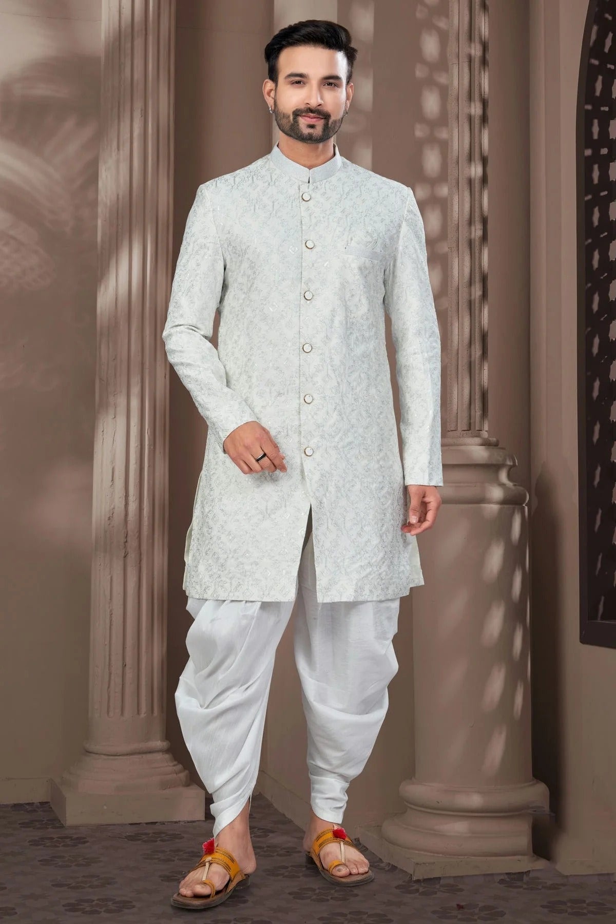 Off White Colour Silk Dupion Dhoti Sherwani SH1040641