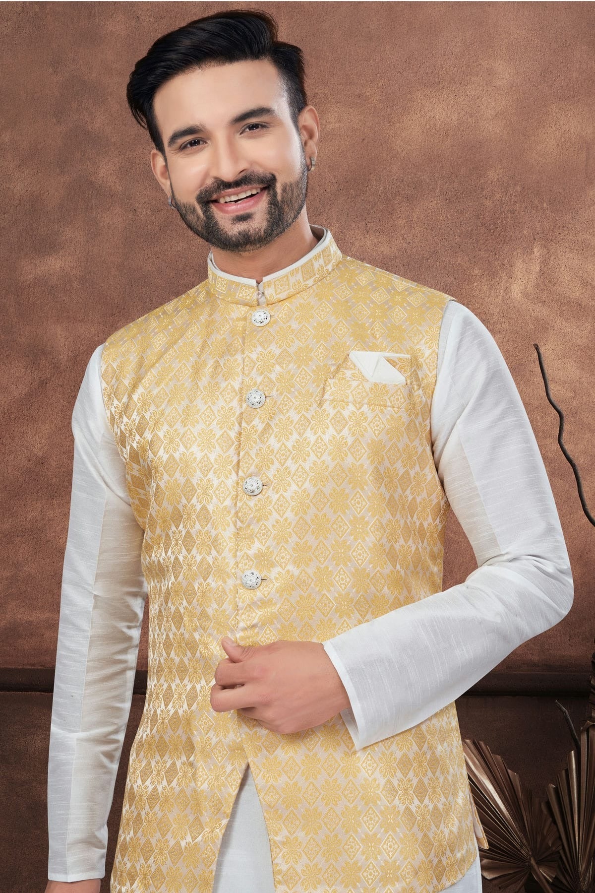 Off White Colour Silk Dupion Jacket Kurta Pajama KP1040649 A