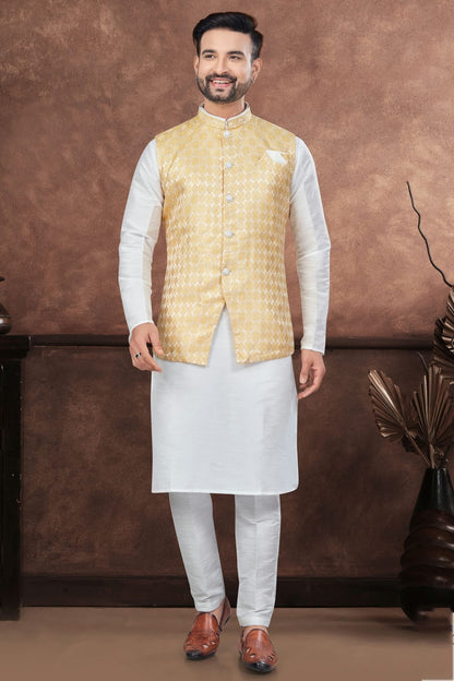 Off White Colour Silk Dupion Jacket Kurta Pajama KP1040649