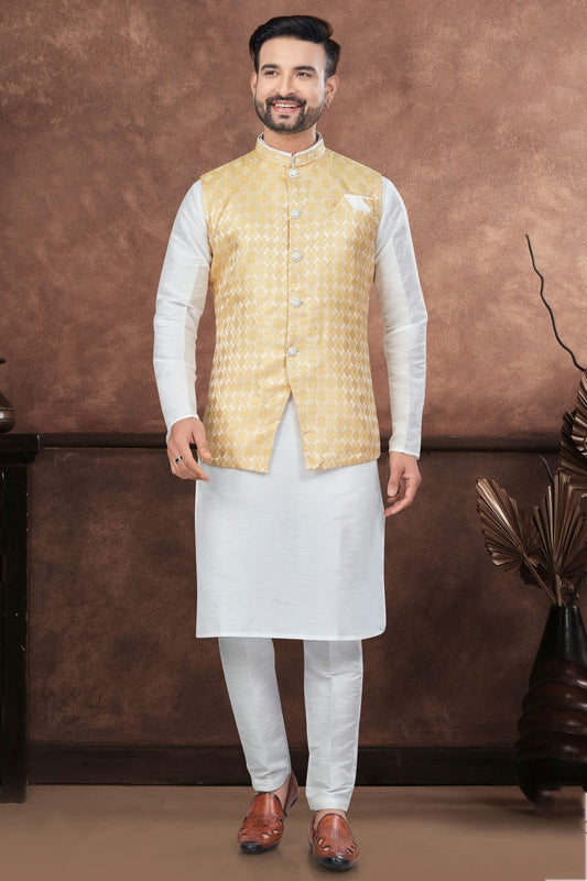 Off White Colour Silk Dupion Jacket Kurta Pajama KP1040649