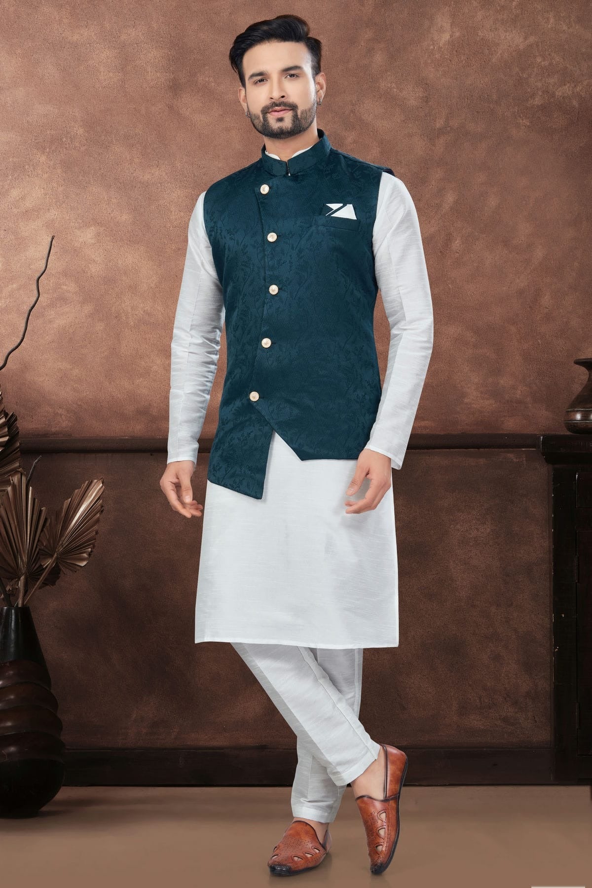 Off White Colour Silk Dupion Jacket Kurta Pajama KP1040650