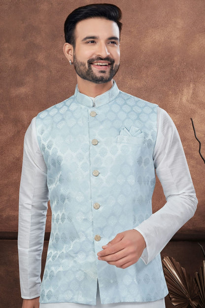 Off White Colour Silk Dupion Jacket Kurta Pajama KP1040651 A