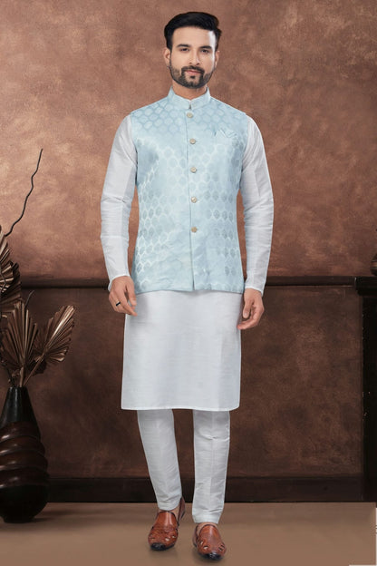 Off White Colour Silk Dupion Jacket Kurta Pajama KP1040651