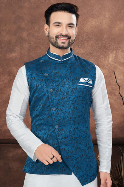 Off White Colour Silk Dupion Jacket Kurta Pajama KP1040652 A
