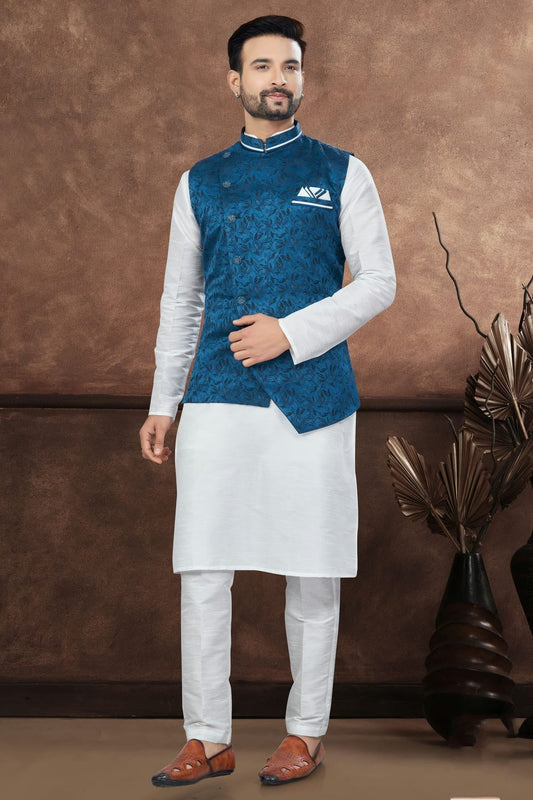 Off White Colour Silk Dupion Jacket Kurta Pajama KP1040652