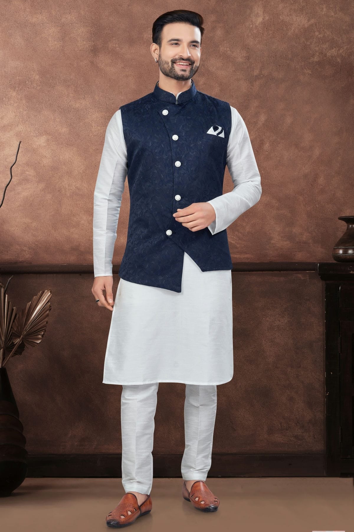 Off White Colour Silk Dupion Jacket Kurta Pajama KP1040653