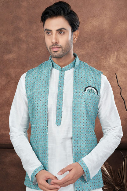 Off White Colour Silk Dupion Jacket Kurta Pajama KP1040659 A