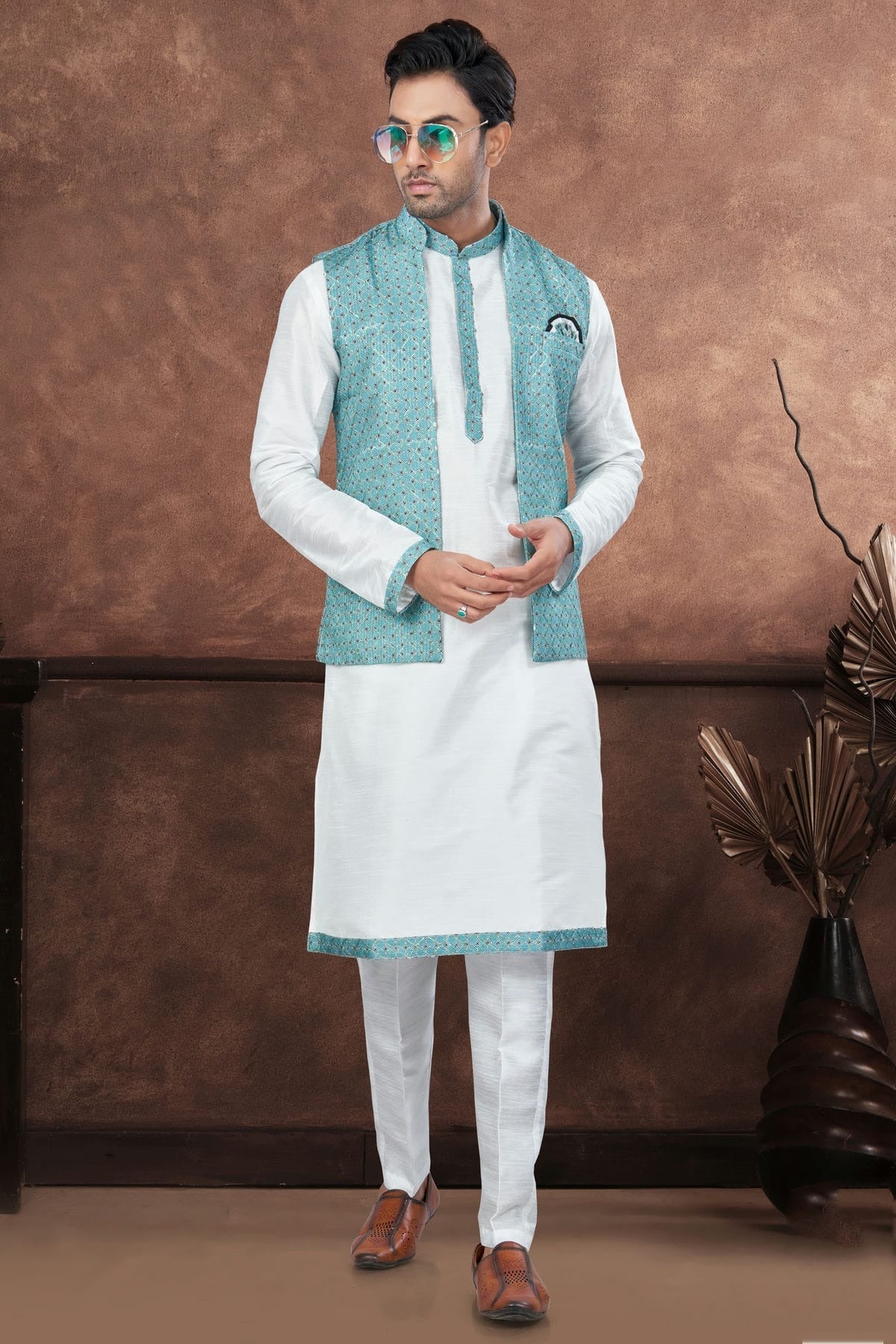 Off White Colour Silk Dupion Jacket Kurta Pajama KP1040659