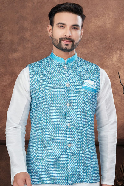 Off White Colour Silk Dupion Jacket Kurta Pajama KP1040660 A