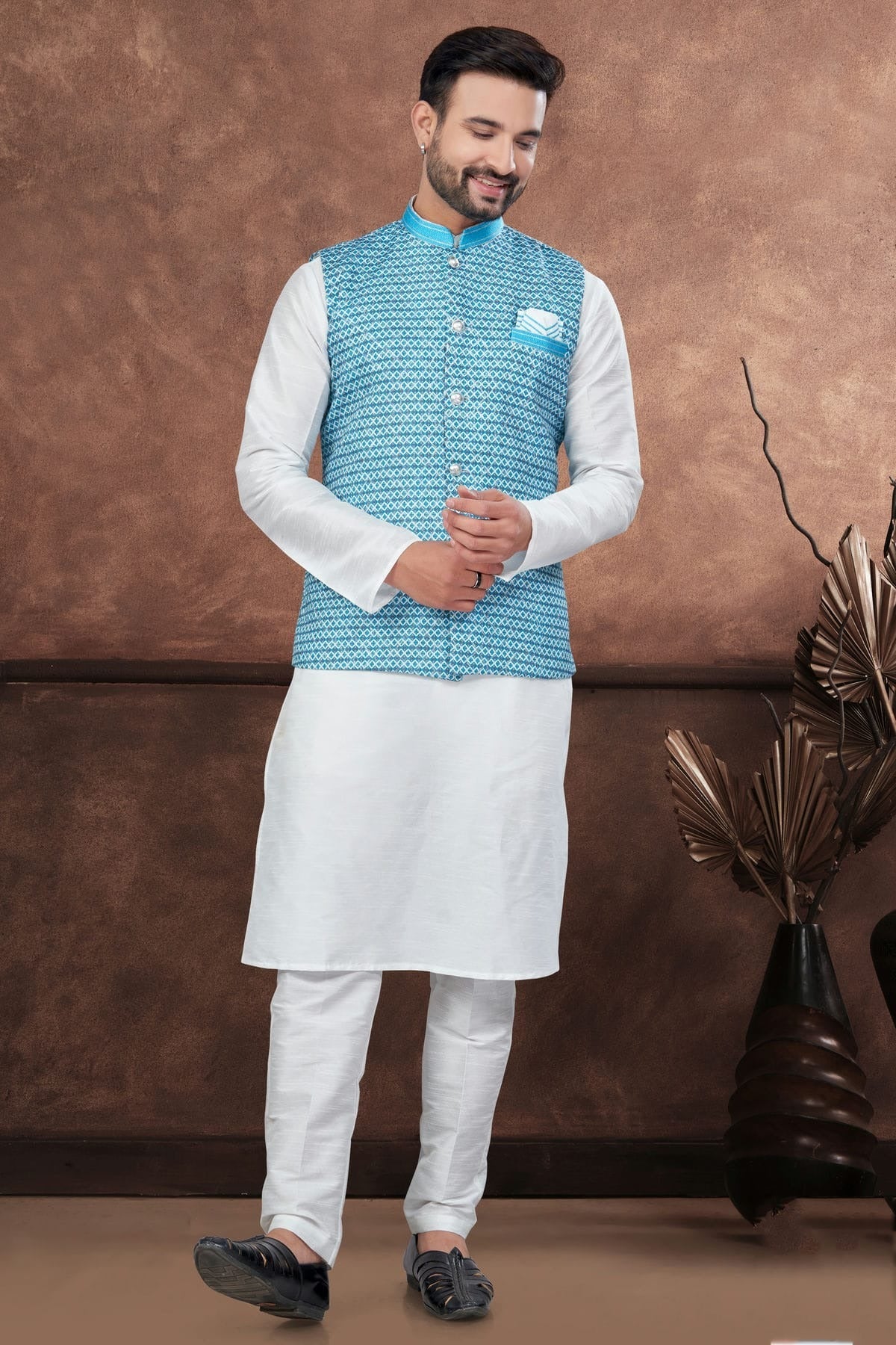 Off White Colour Silk Dupion Jacket Kurta Pajama KP1040660