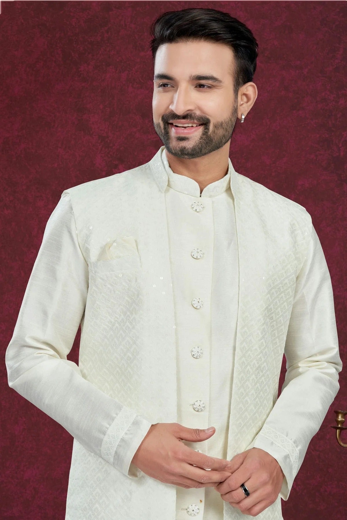 Off White Colour Silk Dupion Sherwani SH1040586 A