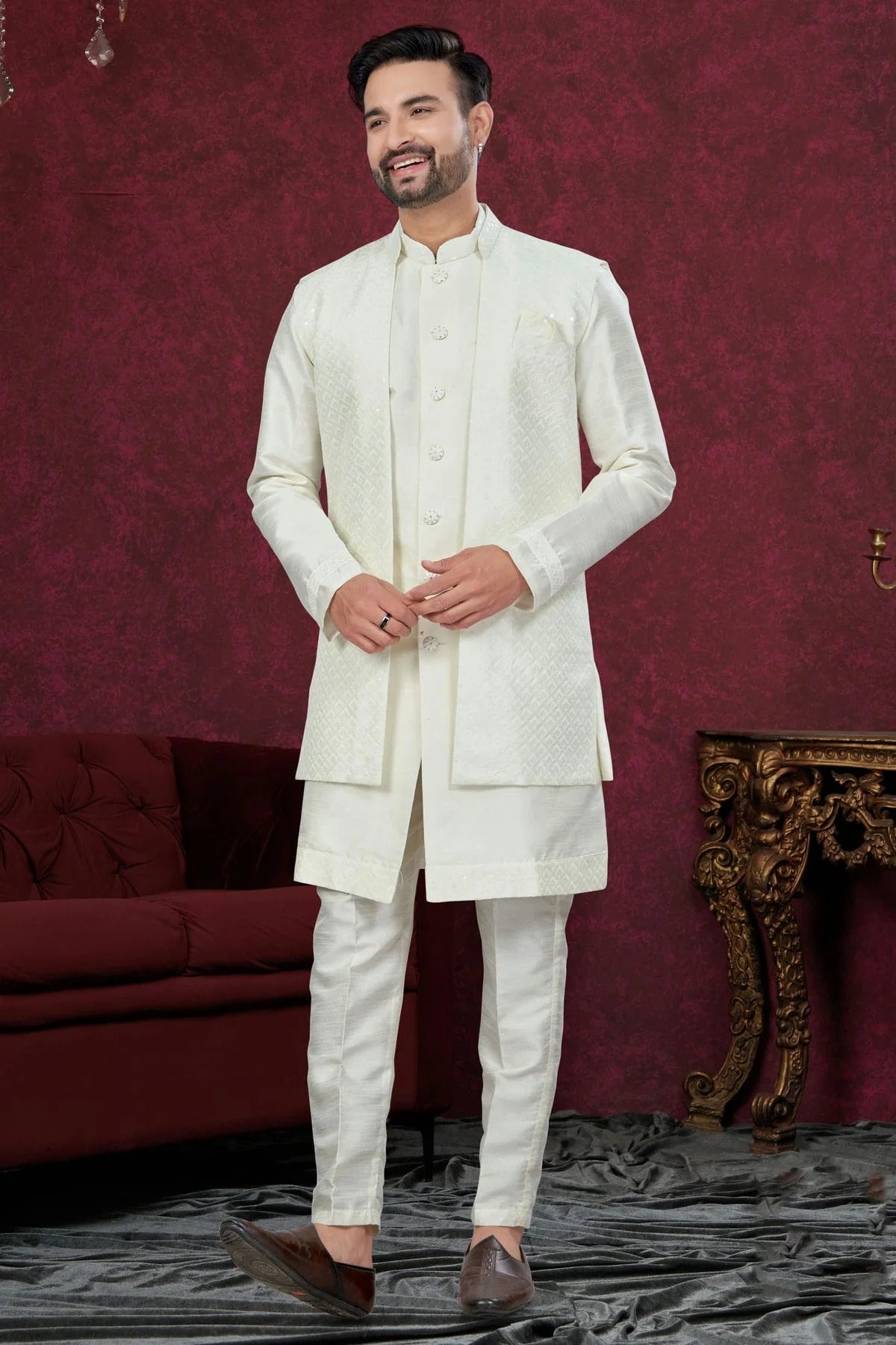 Off White Colour Silk Dupion Sherwani SH1040586