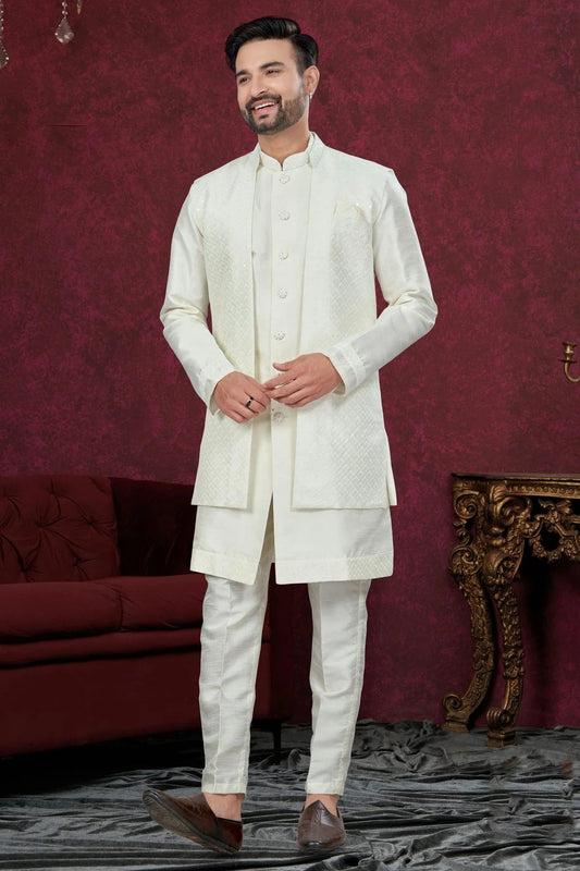 Off White Colour Silk Dupion Sherwani SH1040586