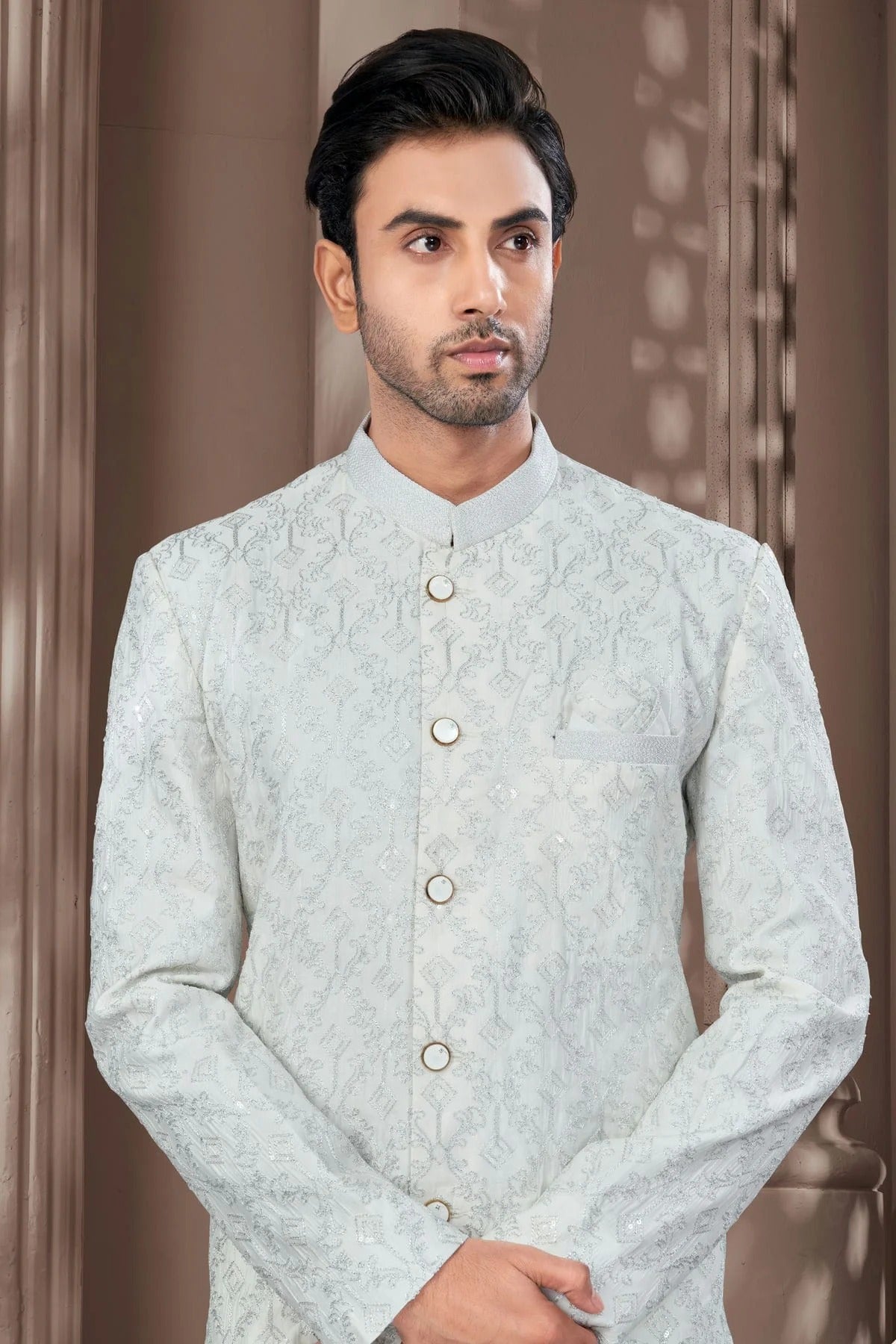 Off White Colour Silk Dupion Sherwani SH1040629 A
