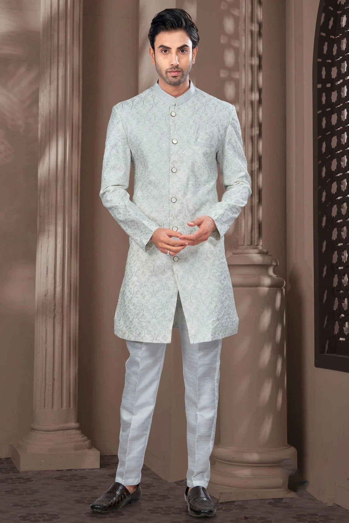 Off White Colour Silk Dupion Sherwani SH1040629