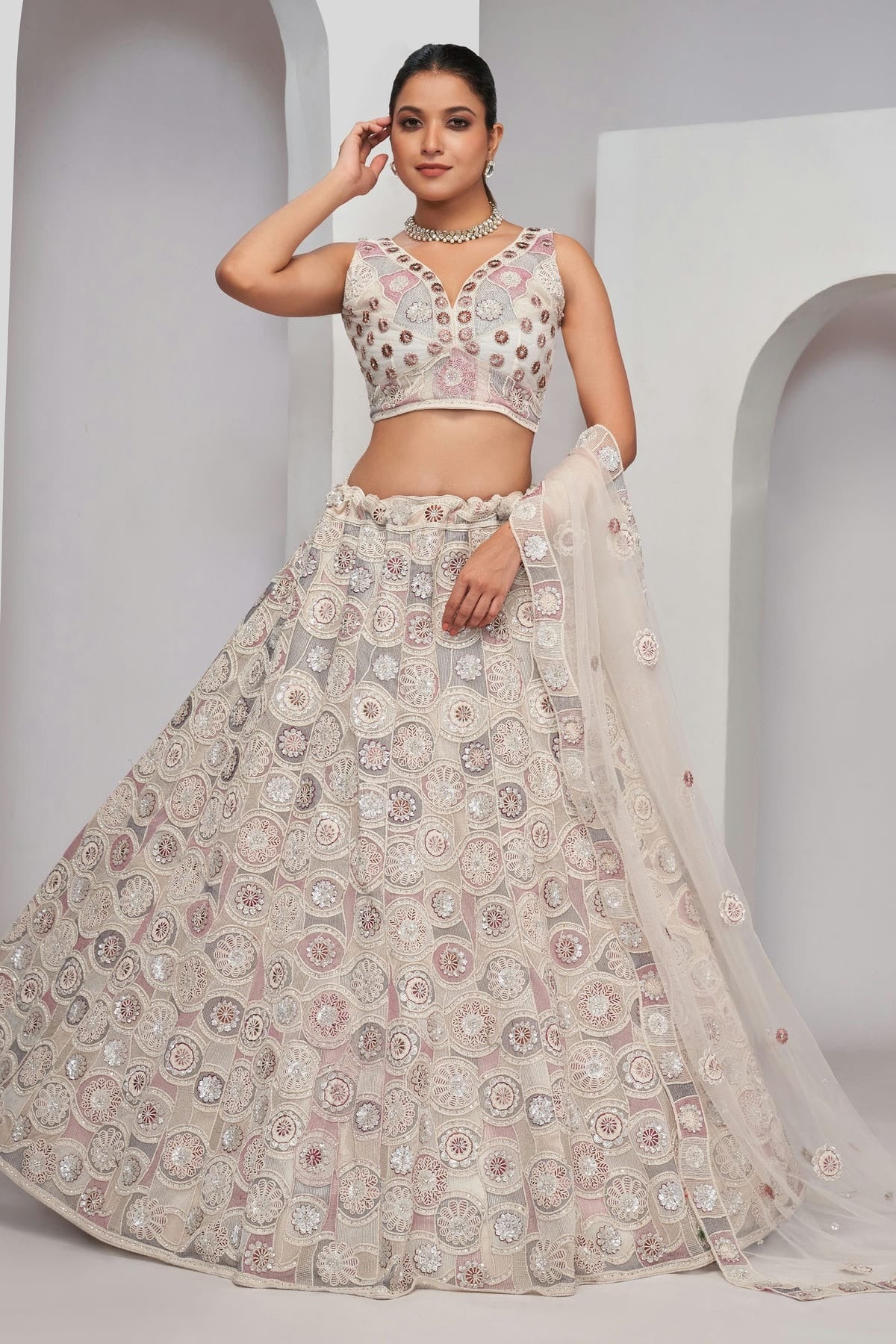 Off White Colour Soft Net Lehenga Choli LC1030003